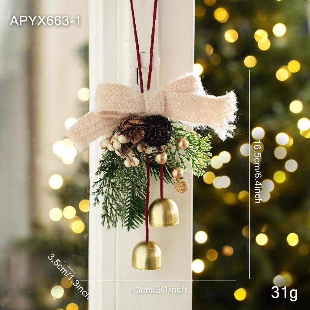 Velvet Bow Bell Ornament with Pine Cone for Christmas Tree Decoration