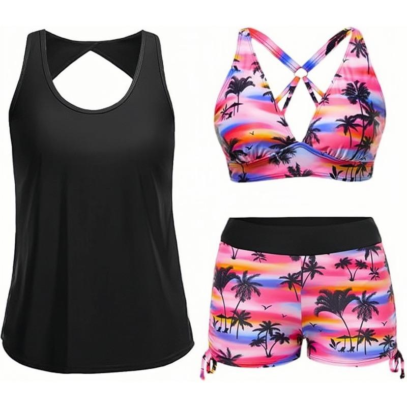 Hollow Back Three-piece Set, Side Adjustable Drawstring Boxers, Split Swimsuit for Women