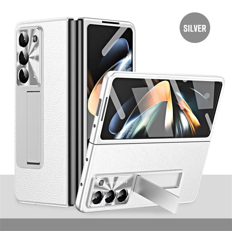 Luxury Plating Leather Lens Protection Kickstand Full Protect Case for Samsung Galaxy Z Fold 8 Ultra 6 5 4 3 With Tempered Glass