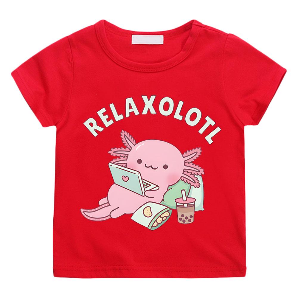 

Милая детская футболка Relax A Lot Axolotl с рисунком из мультфильма, забавная каламбурная графика, одежда для мальчиков/девочек, хлопковые детские летние топы с коротким рукавом, футболки 160 красный