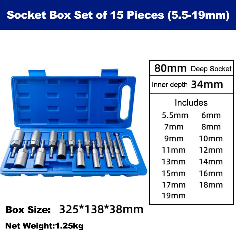 Length Deepen Impact Socket Adapter 5.5-19mm Power Nut Driver Socket Set 16Pcs Hex Shank Screwdriver Key Head Hand Tool
