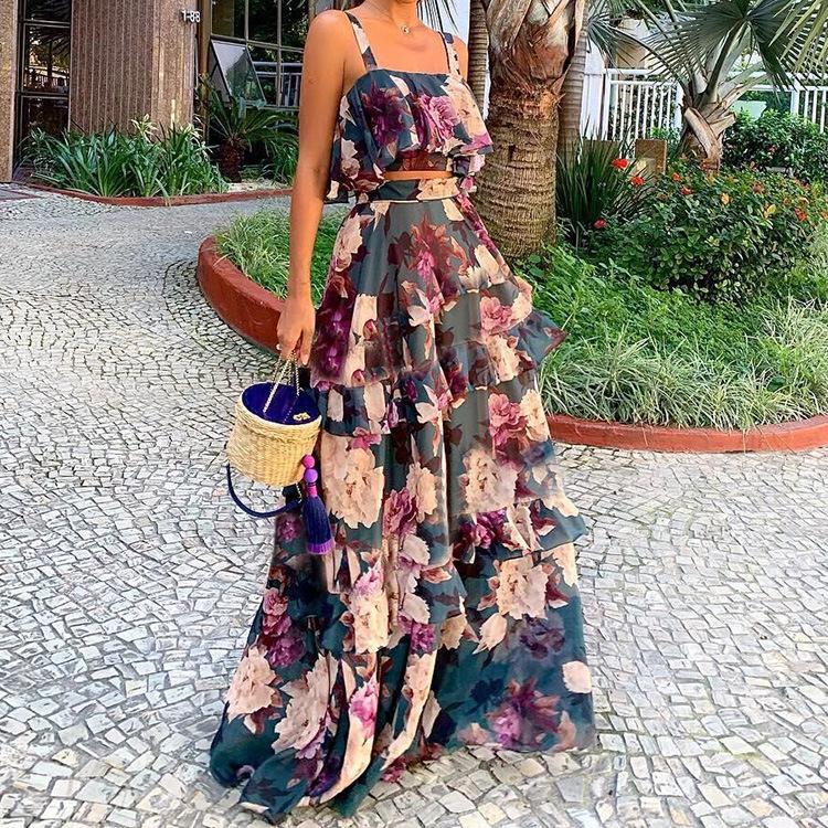 European & American Women's Beach Vacation Two-Piece Set: Print Camisole Top with Long Cake Skirt