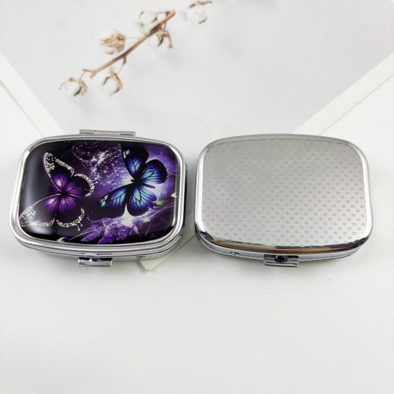 Square Two Compartment Metal Pill Box Portable Pill Box Stained Glass Insect Print Medicine Container For Travel Daily Carry