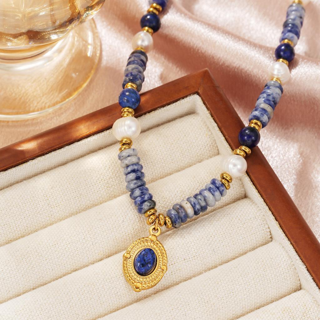 Freshwater pearl flat lapis lazuli pendant necklace women's fashion titanium steel temperament design neck chain bracelet set