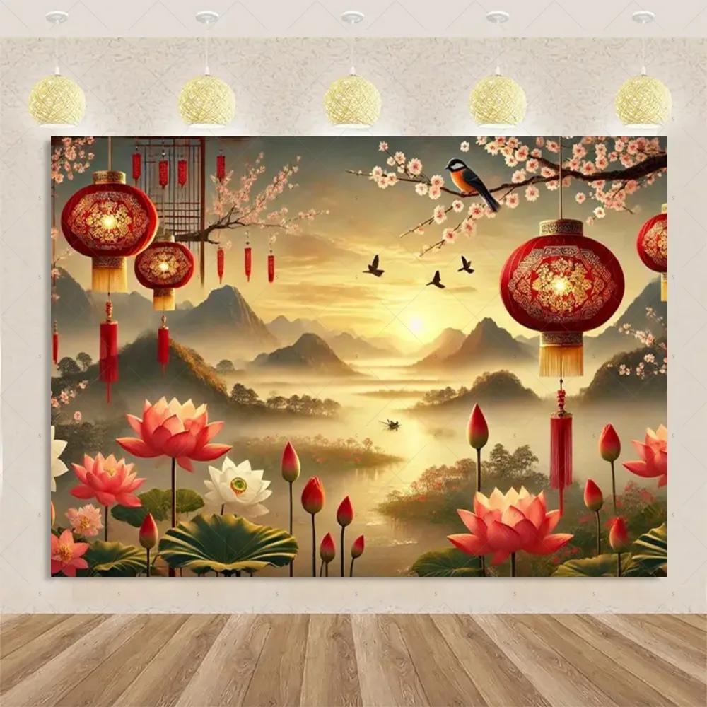 VIKAMA 2026 Spring Festival Backdrop Year Of The Horse Golden Lion Dance Theme Spring Festival Party Decorations