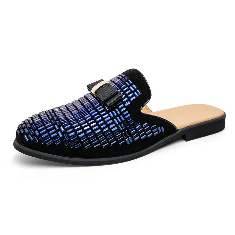 Men Half Slipper Shoes for Men Rhinestone Luxury Loafers Man Male Fashion Casual Shoes Mules