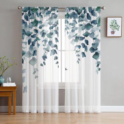 Rideaux transparents en Tulle avec feuilles de plantes aquarelle, pour salon, cuisine, fenêtre, chambre à coucher