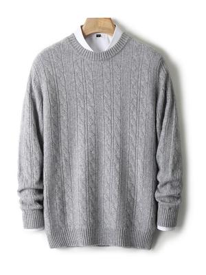 Men's Luxury Thick Cable Knit Wool Sweater - Loose Fit, Versatile Base Layer for Business, Round Neck, Autumn/Winter Collection