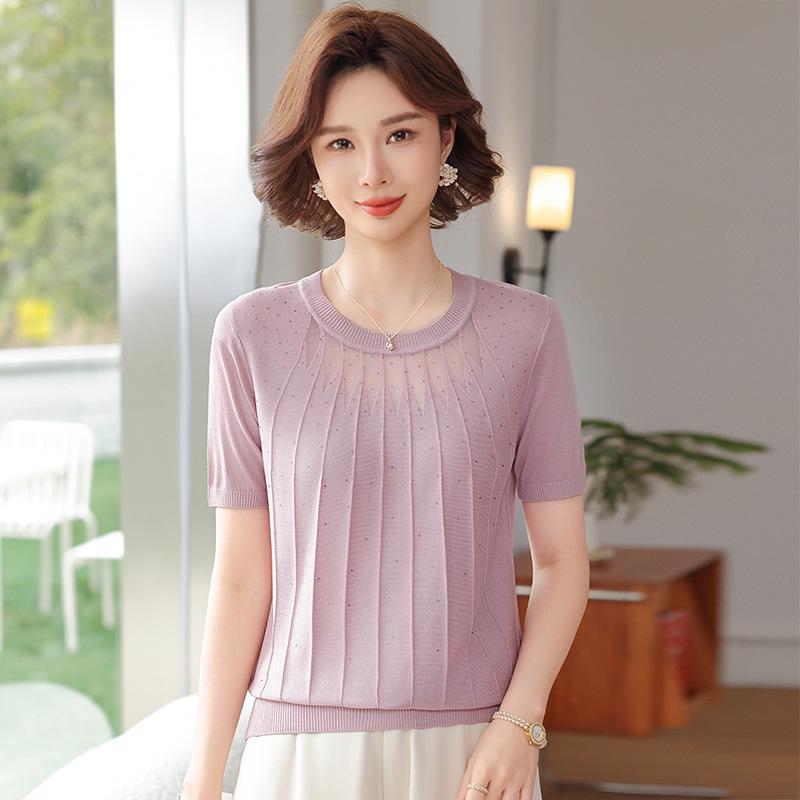 Mom's Chic Ice Silk Short-Sleeve T-Shirt for Middle-Aged Women - 2026 Summer Top
