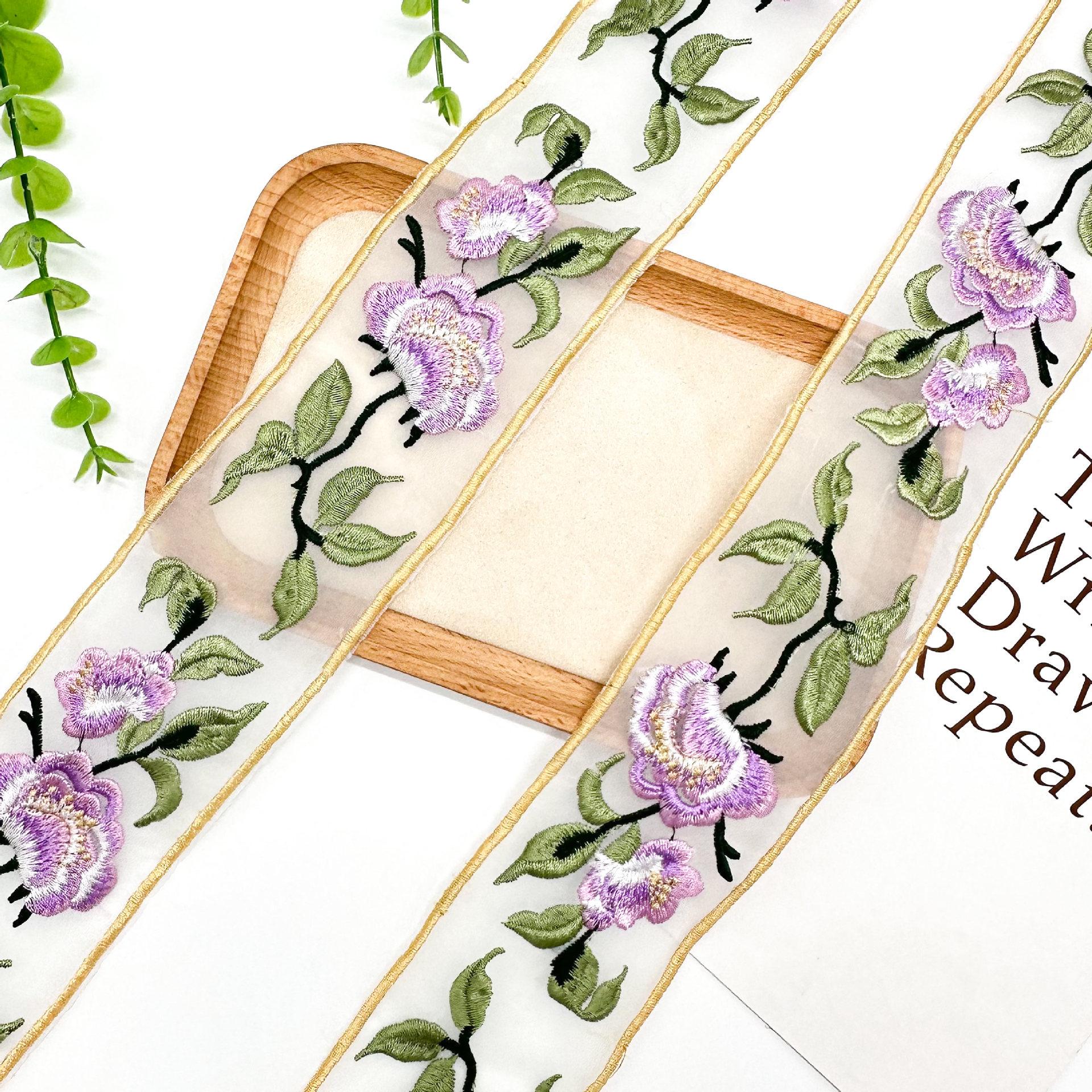 

6Cm Ethnic Style Hanfu Cuffs Neckline Belt Decoration Barcode Embroidery Flower Organza Lace Accessories T3095 one yard