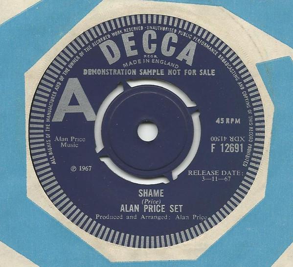 

7inch Record ALAN PRICE SET - Shame F12691 Decca 1967 UK Rock Used