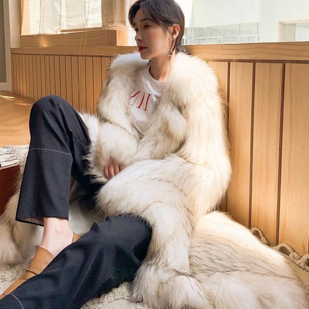 Winter New Imitation Raccoon Fur Coat Long Warm Woven Fox Hair Light Luxury Fur Coat Women
