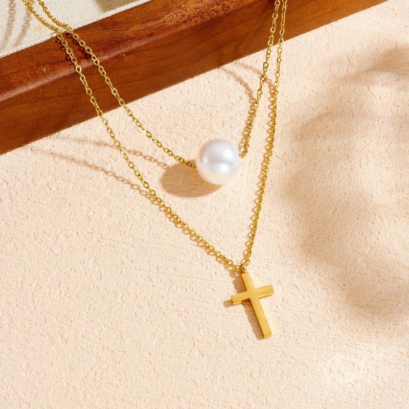 Gold Plated Stainless Steel Double Layer Cross & Pearl Pendant Necklace for Women