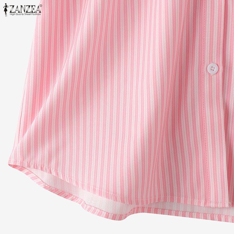 ZANZEA Women Casual Turn Down Collar Short Sleeve Loose Stripe Blouse