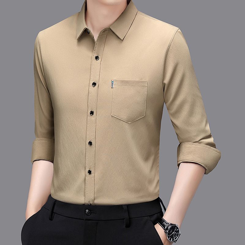 

Men s Chiffon Long-sleeved High-end Shirt Pocket Solid Color New Shirt Versatile in Spring Autumn L хаки