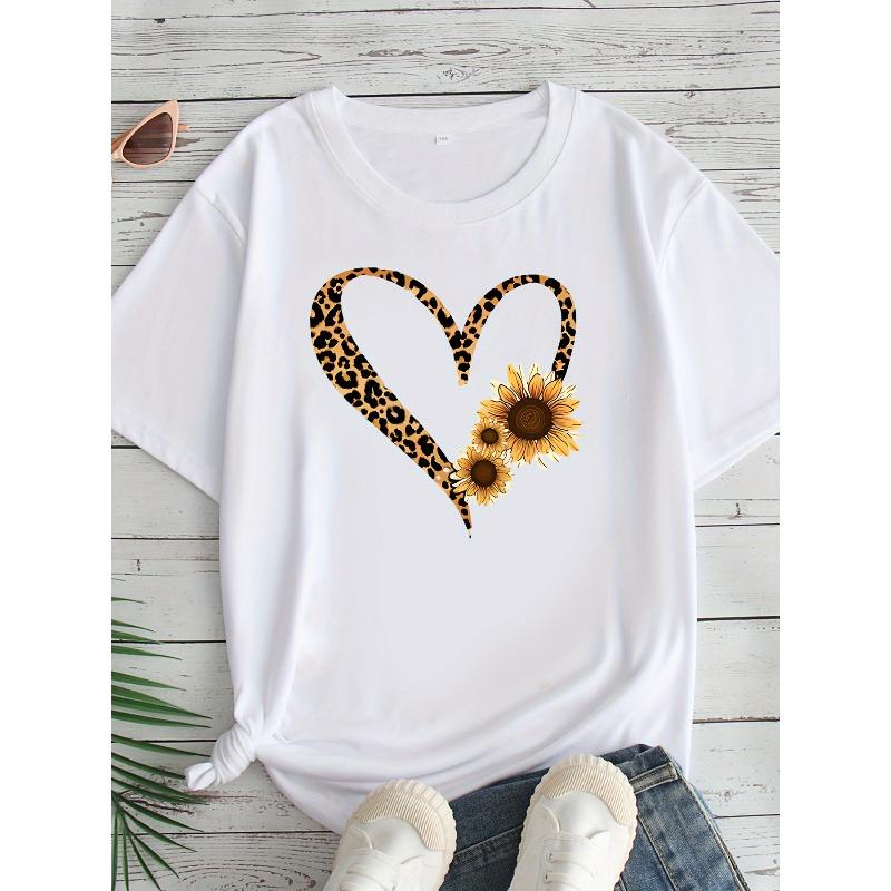 European sizes Heart Print T-Shirt, Casual Crew Neck Short Sleeve T-Shirt