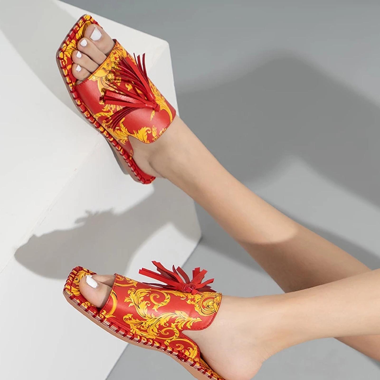 Женская летняя обувь с кисточками, пляжные шлепанцы, ретро-мулы, плоские тапочки, уличные сандалии 37 красный