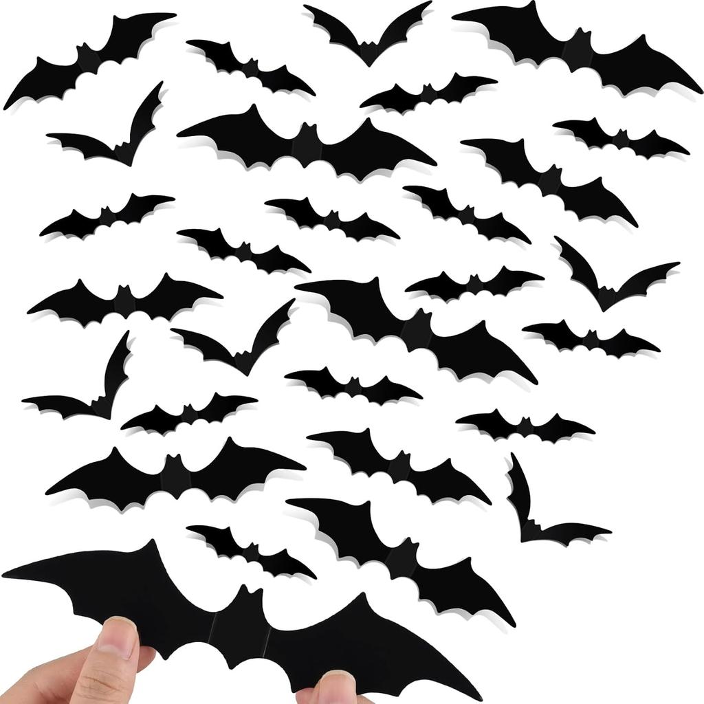 NEBURORA 36 Pcs Halloween Bats Wall Decor Realistic PVC Black 3D Scary Bat Sticker 4 Different Sizes Spooky Wall Decal for Home Kitchen Bathroom
