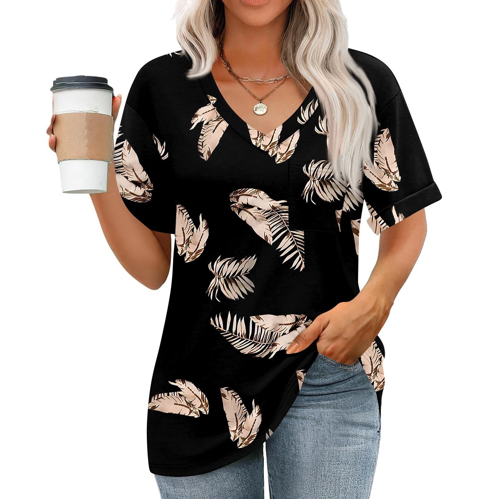

Женские топы с V-образным вырезом и коротким рукавом Блузки Повседневные модные принты Туники Топы с карманами XXL