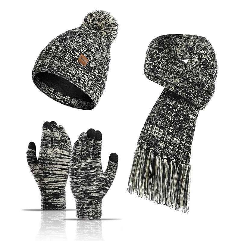 New Colorful Knitted Wool Hat, Scarf, and Touchscreen Glove Set for Autumn and Winter
