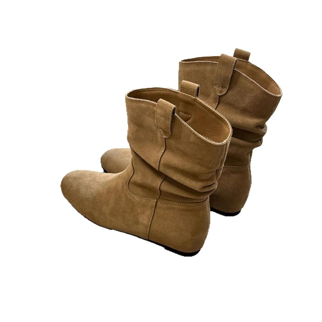 Sheepskin Version~ Korean Niche Round Head Inner Heightening Stacking Boots Western Cowboy Boots Women's Autumn and Winter Short Boots Thin Boots