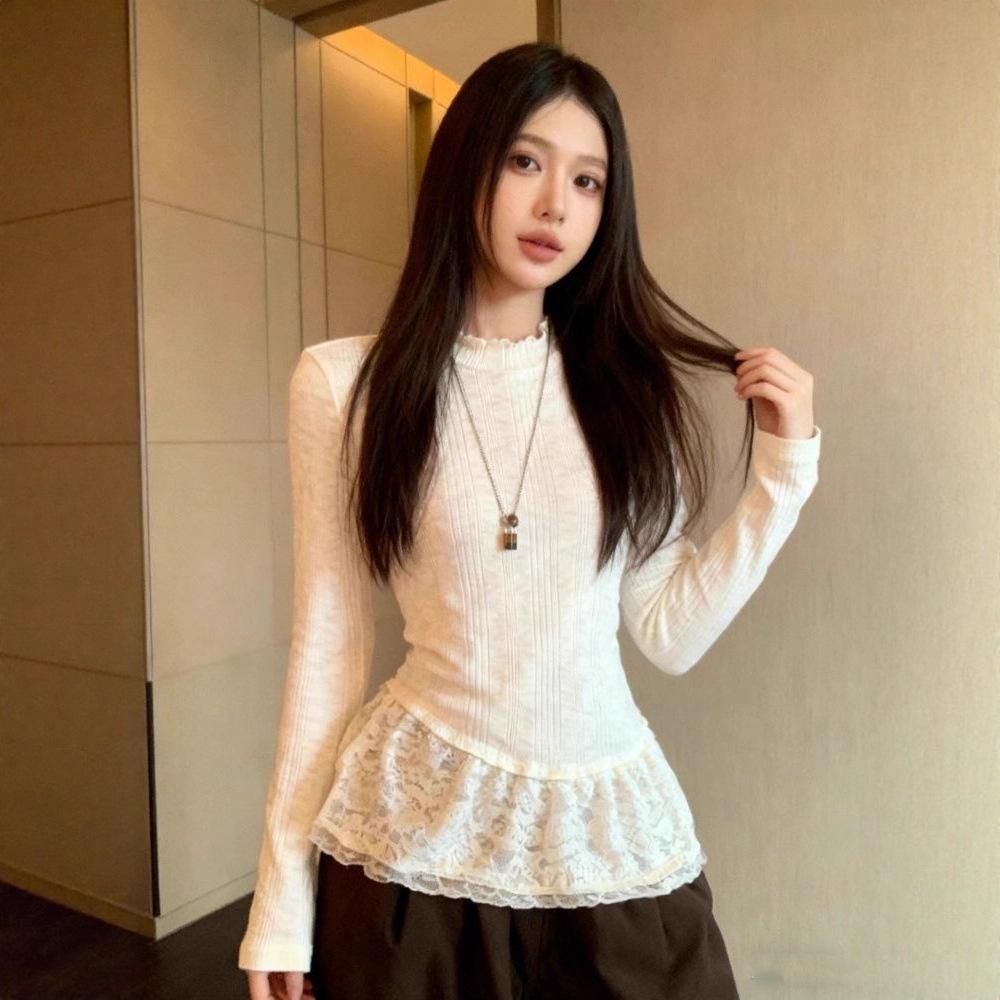 High-End Korean Style Lace Trim Ruffle Hem Top