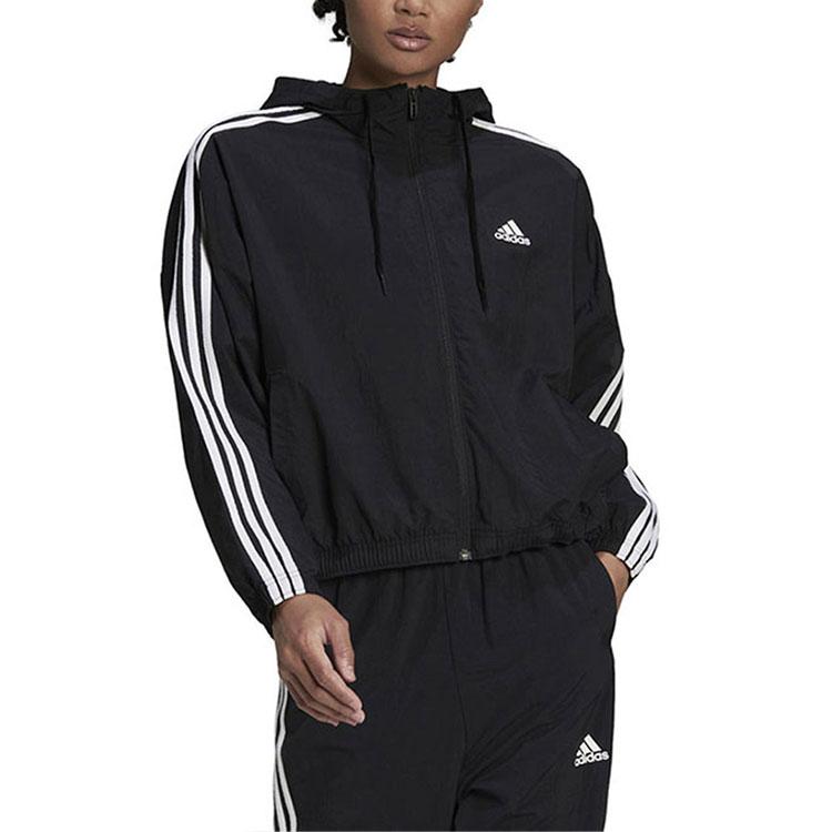 Adidas Striped Logo Hooded Woven Jacket Women Jackets Black HC9160