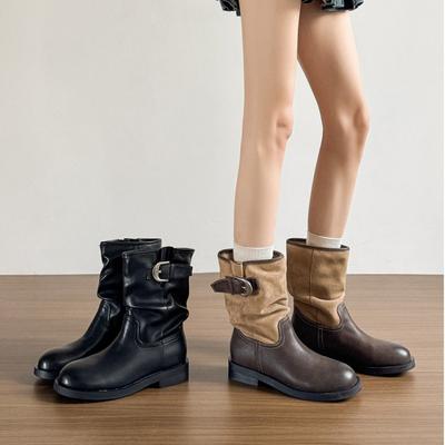 French New Foreign Style Belt Buckle Stacking Short Boots Women's New Round Head Thick Heel Knight Boots Color Matching Stacking Boots