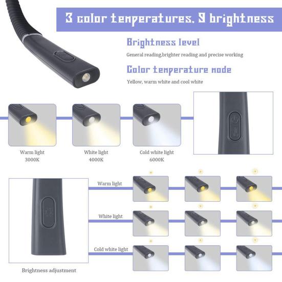 LED Neck Reading Light Book Lamp Dimmable Rechargeable Flexible Soft Lightweight Hands-Free LED Reading Lamp