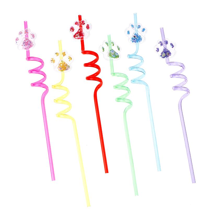 6Pcs Dog Paw Straws Birthday Party Supplies Reusable Drinking Straw Party Favors Sequin Quicksand Dog Paw Straws For Kids Party