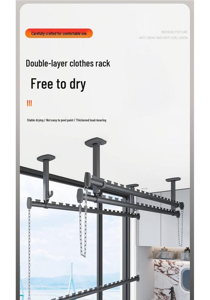 Double-Layer Top-Mount Clothes Drying Rod with Chain and Horizontal Bar for Balcony Installation