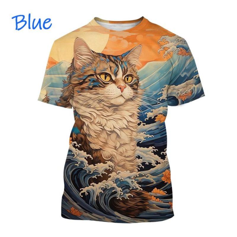 Fashion Japanese Style Ukiyo-e Animal Cat Print T Shirt For Men 3D Harajuku Short Sleeve Crew Neck T-shirt Kid Top Oversized Tee