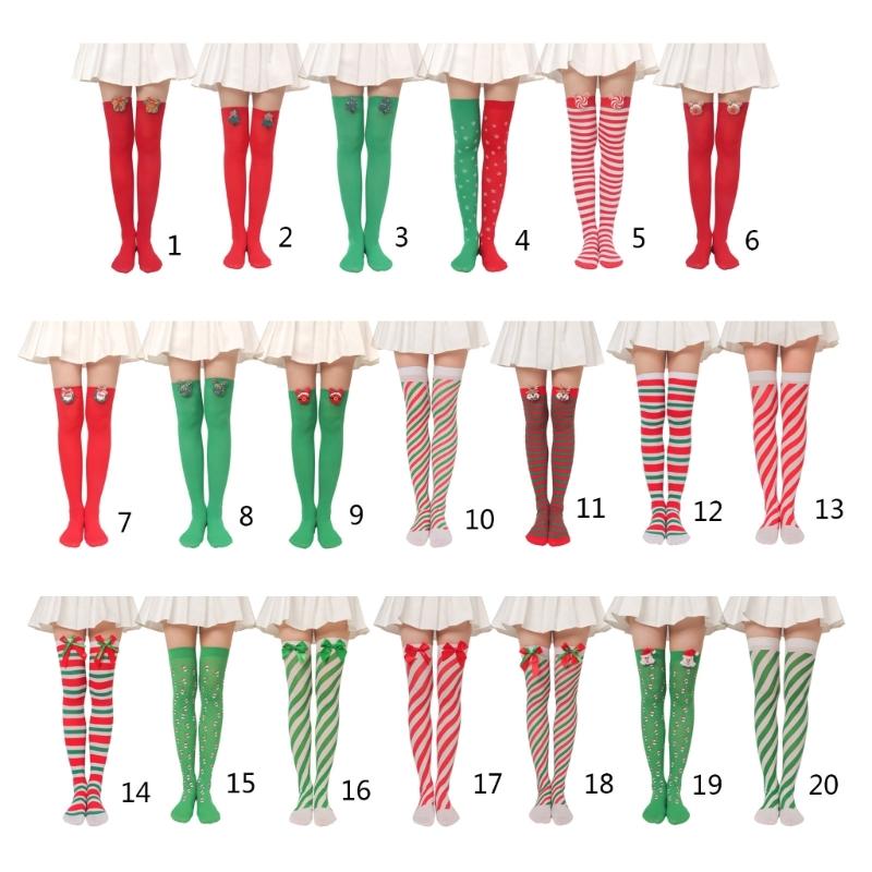 Women Christmas Silky Over Knee Long Socks Cute 3D Plush Toy Bowknot Diagonal Striped Holiday Party Thigh High Stockings