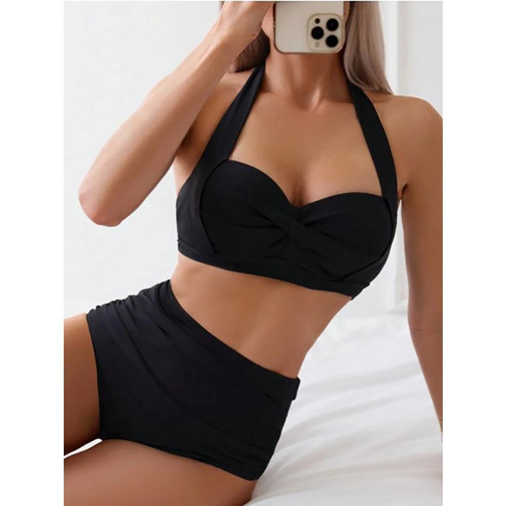 2026 European and American Fashion Hot Selling Hard Bag Gathered Women's Bikini Solid Color Set, Suitable for Vacation, Festival