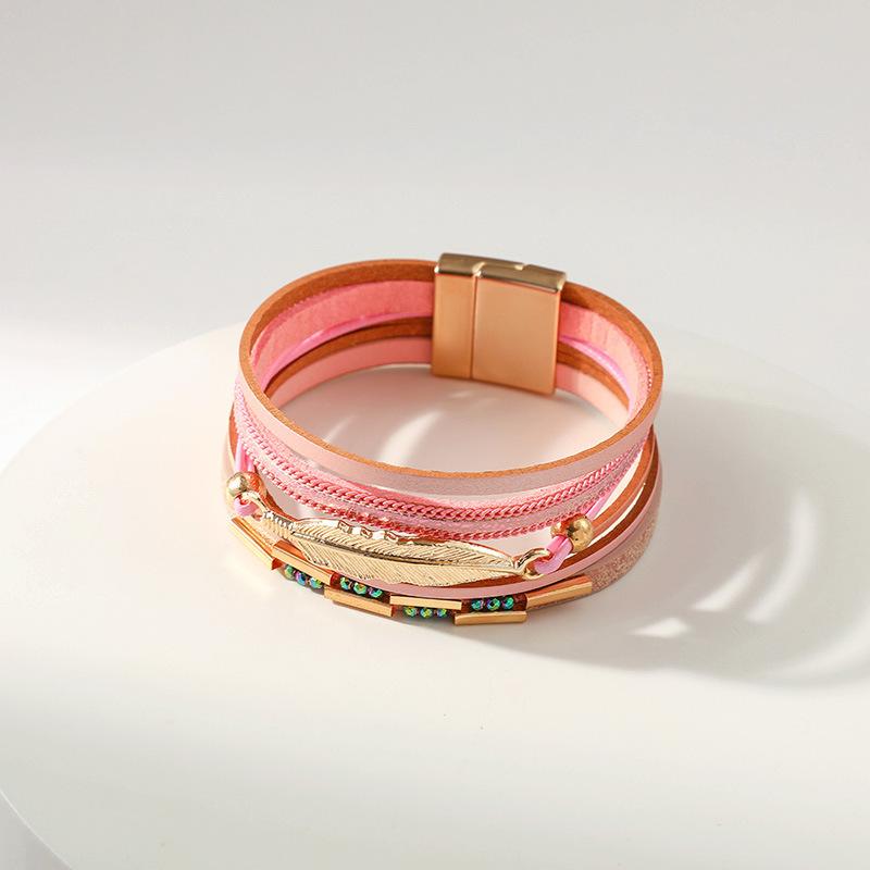 Bohemian Style Multi-layer PU Leather Bracelet Women's Leaf Magnet Buckle Jewelry Accessories