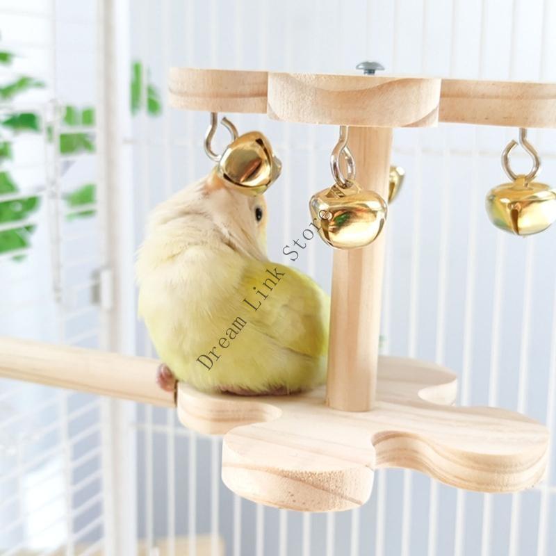 Q1FD Interactive Bird Perch Toy for Parrots with Sounding Bells 360 Degree Rotation and Wooden Design Birdcage Engagement Toy