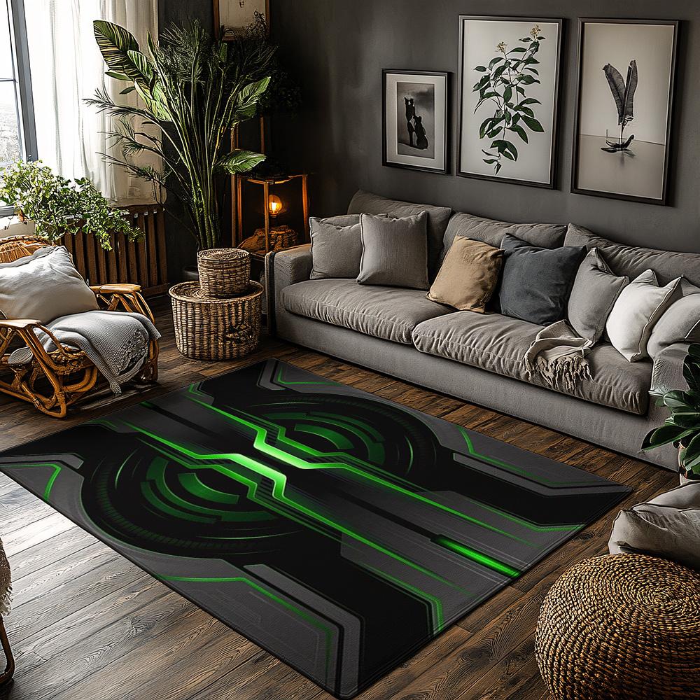 

Glow Green Tech Rug, Gray Symmetric Pattern Carpet for Living Room, Soft Non-Slip Sofa Mat with Modern Nature Decor 50x80cm