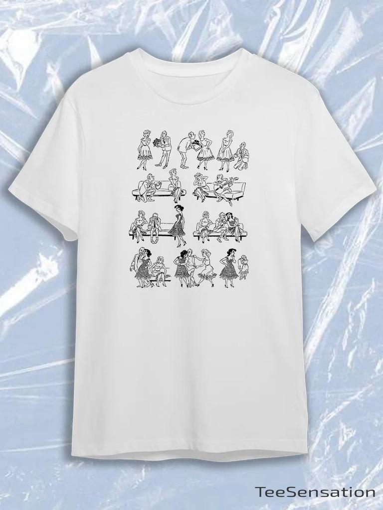 TeeSensation White Crew Neck Short Sleeve T-Shirt with Black Vintage Couples Dating Comic Strip Print