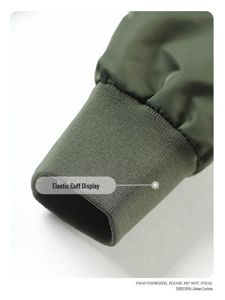 European & American Style Custom Printed Waterproof Flight Jacket with Stand Collar, Cotton Insulation, and Embroidered Logo.