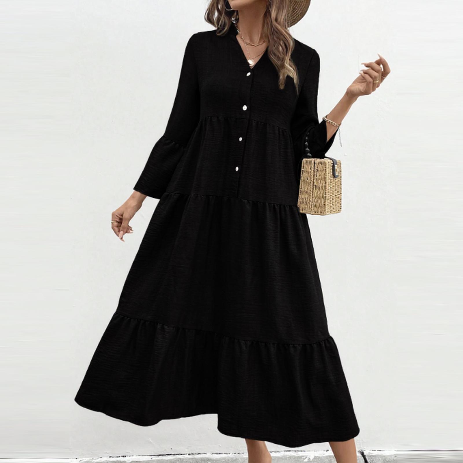 

Женское осеннее платье макси с длинным рукавом, V-образным вырезом, ажурной перфорацией, А-силуэта, длинное, повседневное, для вечеринки M чёрный