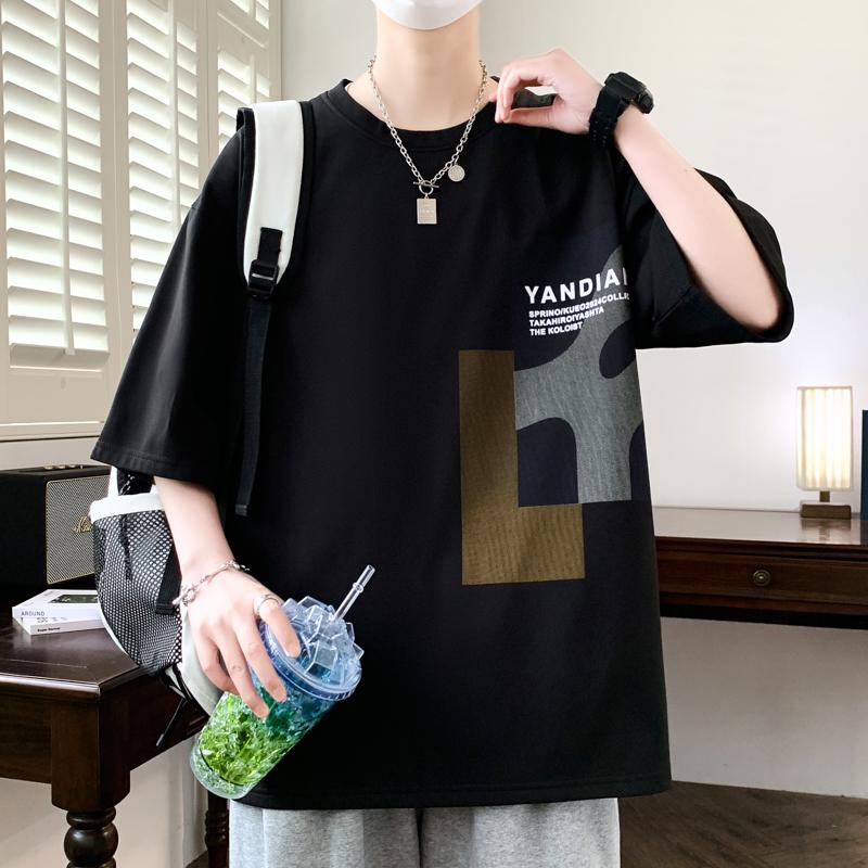 New Loose Flocking Printed Short-sleeved T-shirt Men's Teenagers' Fashion Casual Sports Top Summer