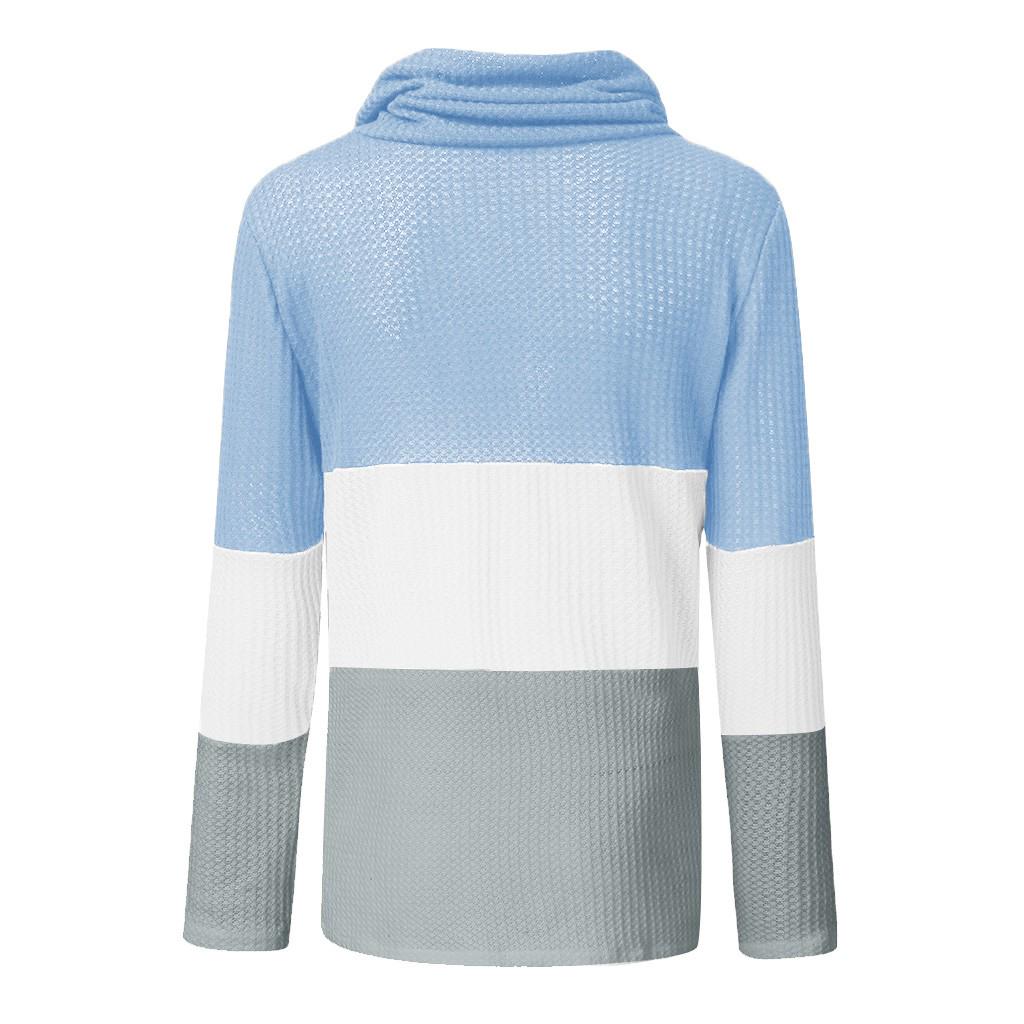 Womens Color Block Cowl Neck Button Chunky Knit Irregular Hem Jumper Pullover