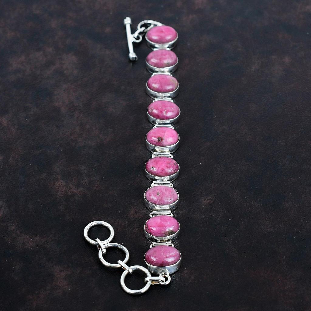 Rhodonit Edelstein Armband handgefertigt Unikat Design Schmuck 925 Sterling Silber Armband verstellbar Kettenarmband Geschenke für sie Boho Schmuck