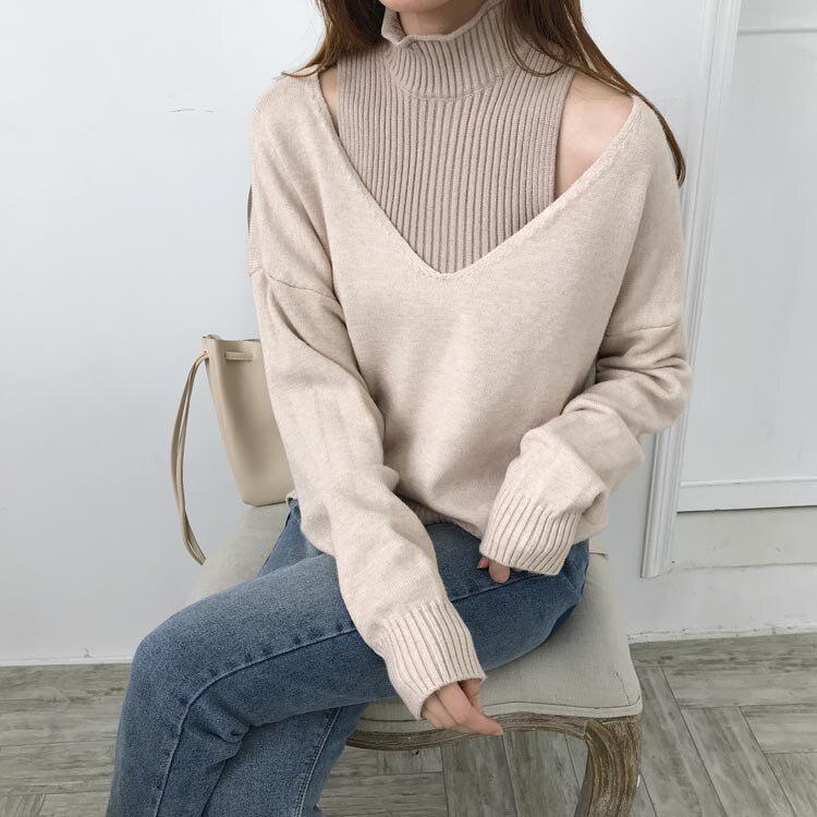 

Женский свободный свитер с v-образным вырезом из двух частей, прямой свитер с полувысоким воротником и длинными рукавами, женские комплекты, весенние комплекты One Size бежевый