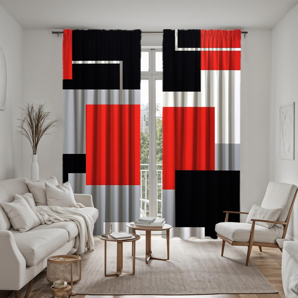 2 Bucăți HD Digital Bloc de Culoare Roșu Geometric Minimalist Perdele Stil Decorare Casă Decorare Living Dormitor Cu Inele