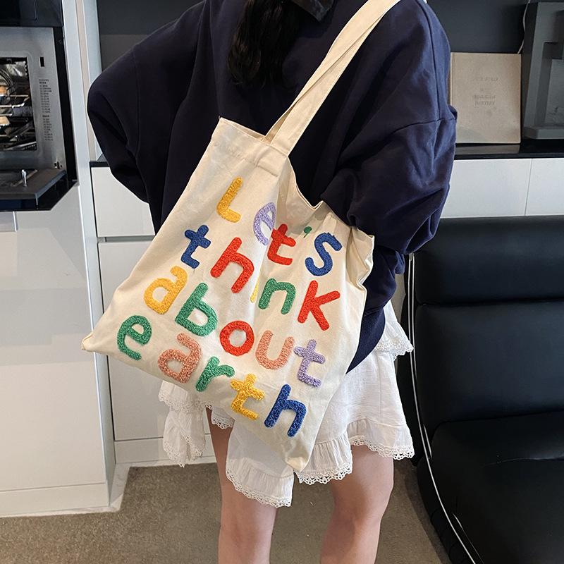 2025 New Shoulder Canvas Bag Ins Style Versatile Tote Bag Casual Commuting Simple Embroidered Letter Big Bag