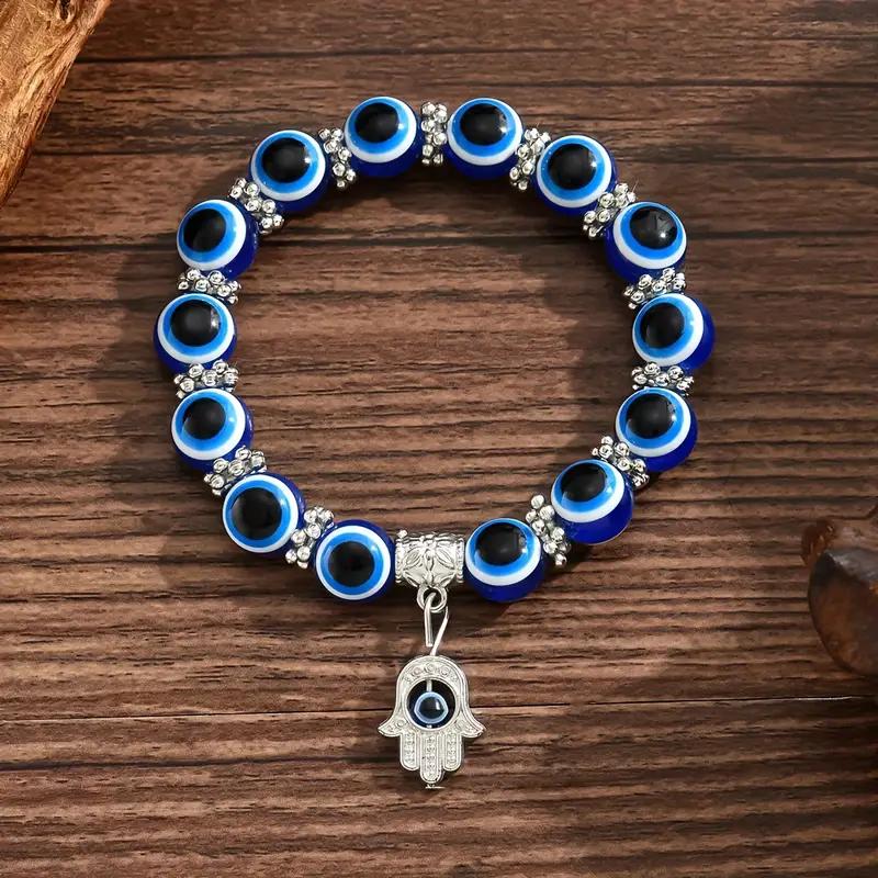 Evil Eye Beaded Bracelet w/Hand Charm | Adjustable Boho Zircon, Blue Eyes Beaded Minimalist, Vintage Chic Everyday Wear