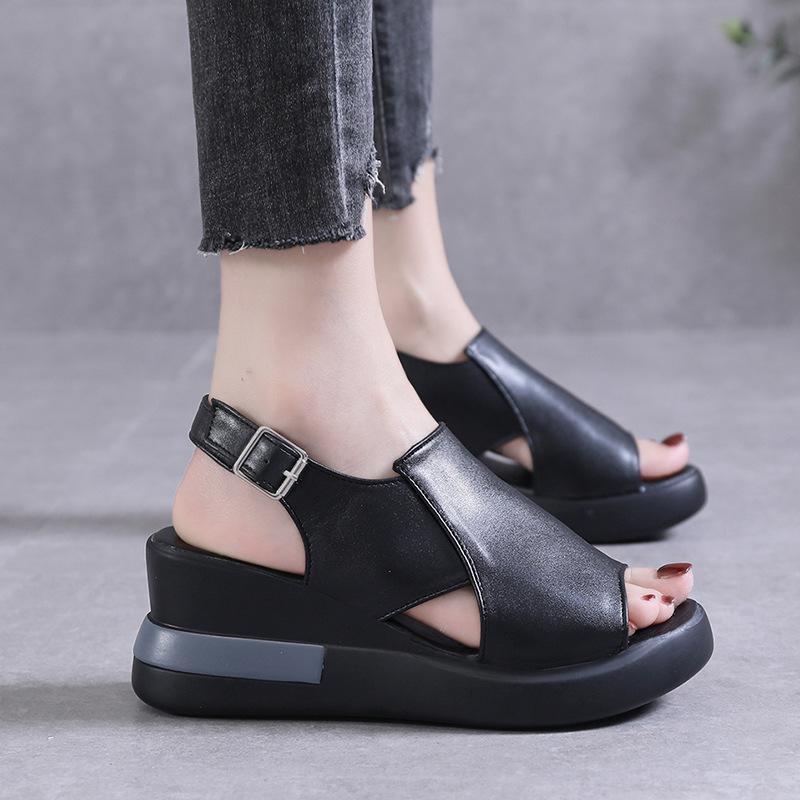 2023 Women's Summer Soft Leather Peep-Toe Wedge Sandals with Thick Soles