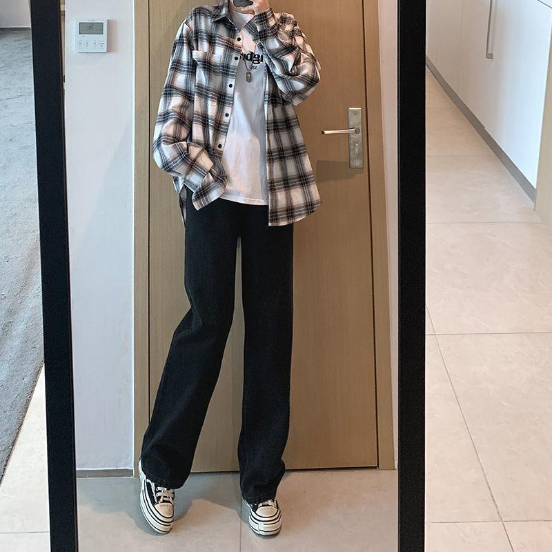 

Весенне-осенние прямые джинсы с высокой талией, женские свободные повседневные драпированные широкие брюки грушевидной формы с широкими штанинами S чёрный