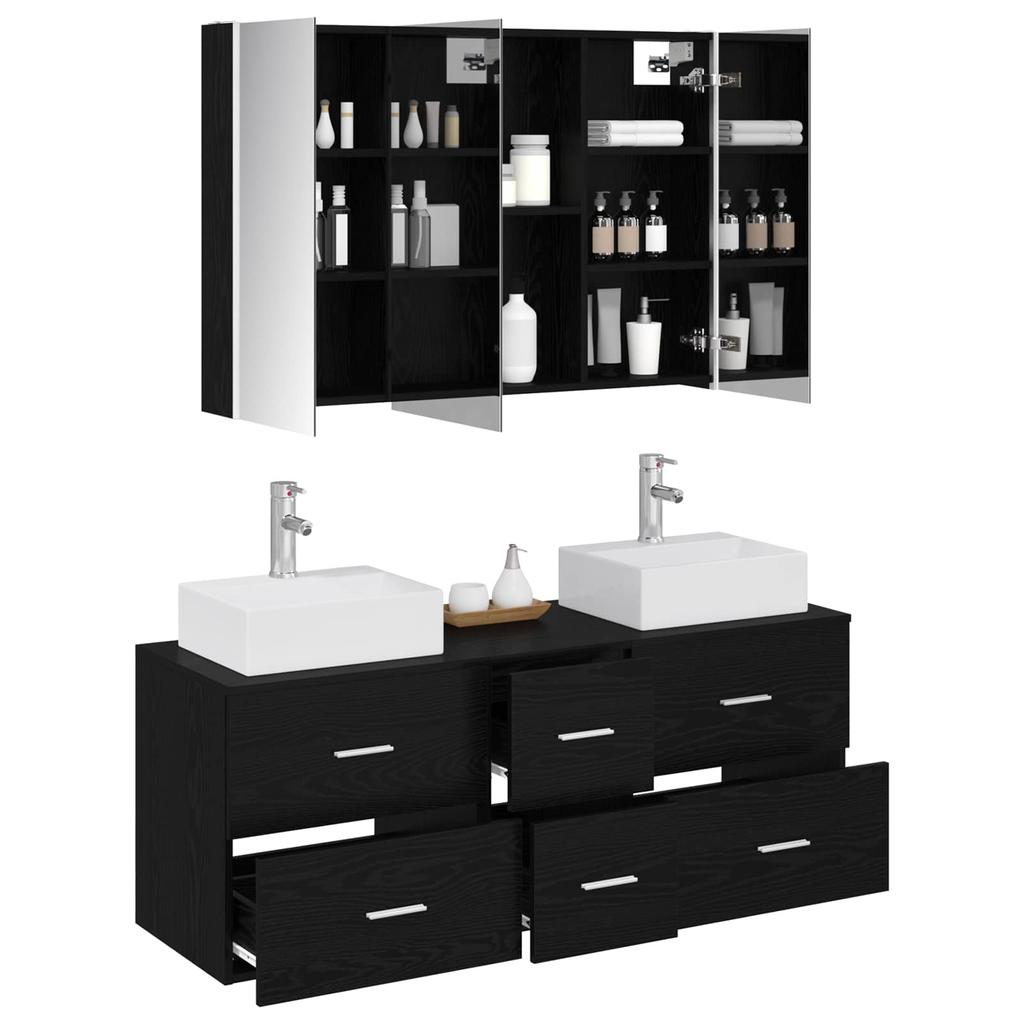 Bathroom Furniture Set 4 Pcs Black Oak Engineered Wood and Glass
